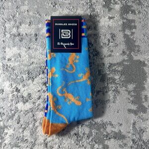 Bundlez Socks Adult Blue Orange Gecko Lizard Plaid Crew Socks New